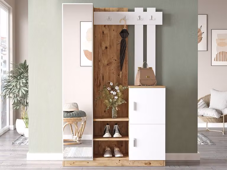 Armario ropero moderno MENZZO con 3 puertas batientes y sistema push to open en color blanco y beige