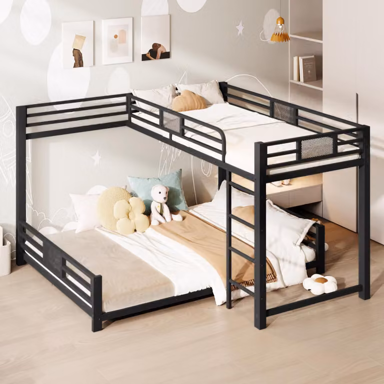 Cama infantil OKWISH modelo Patrová con estructura de metal en color negro, diseño en forma de L con barandilla de seguridad y escalera, An/P: 90 x 200 cm o 140 x 200 cm