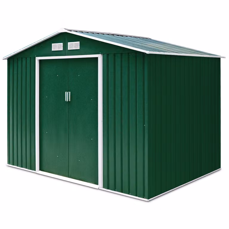 Caseta de jardín Costway de acero galvanizado con base metálica, puerta corredera y ventana, color verde, An/P/Al: 213 x 127 x 185 cm