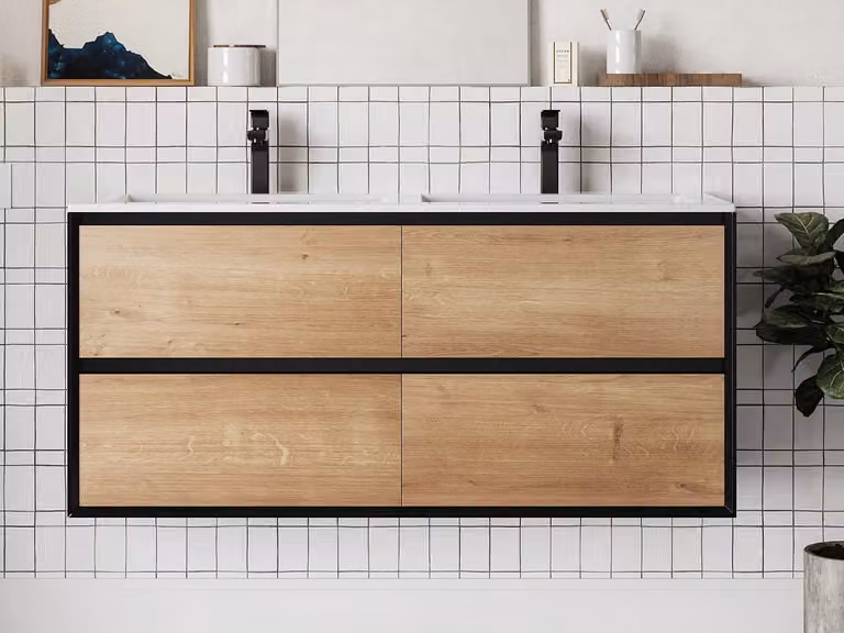 Mueble de baño suspendido Vente-Unique con lavabo empotrado, color negro, blanco y marrón, An/P/Al: 120 x 45,6 x 55 cm