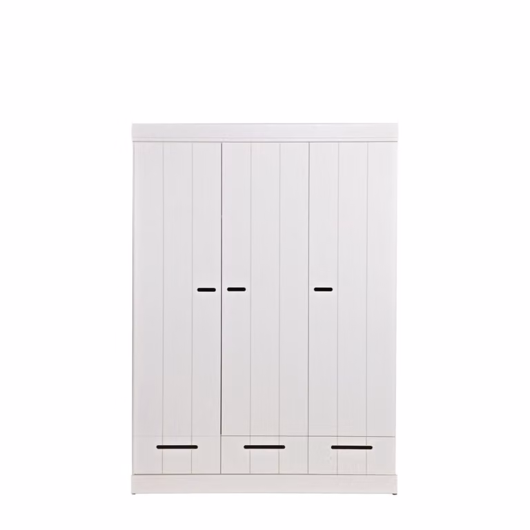 Armario moderno Woood de 3 puertas y 3 cajones en madera de pino blanca mate