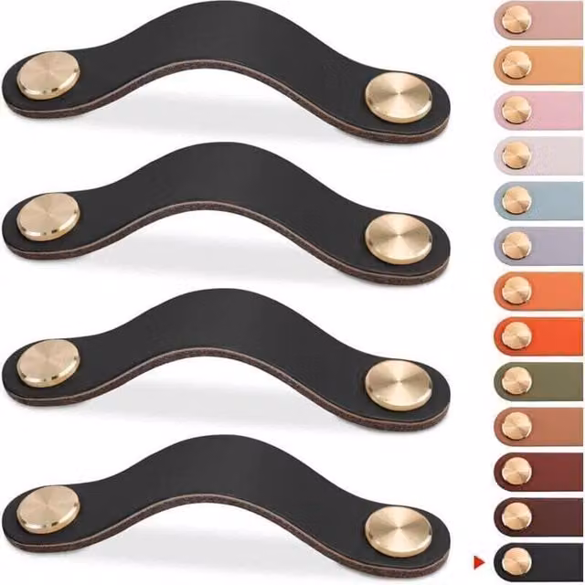 Tiradores de cuero LIIYIELA para muebles y armarios, pomo vintage de color negro con acabado pulido, Longitud: 128 mm