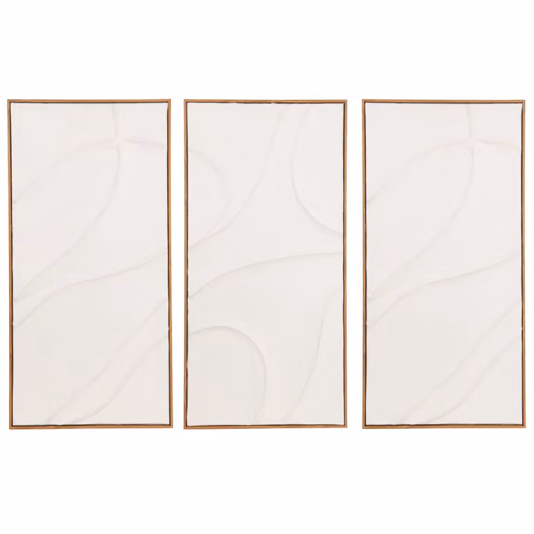 Cuadro tríptico abstracto de Maisons du Monde en color blanco con relieves sobre lienzo y madera, An/Al: 104 x 70 cm