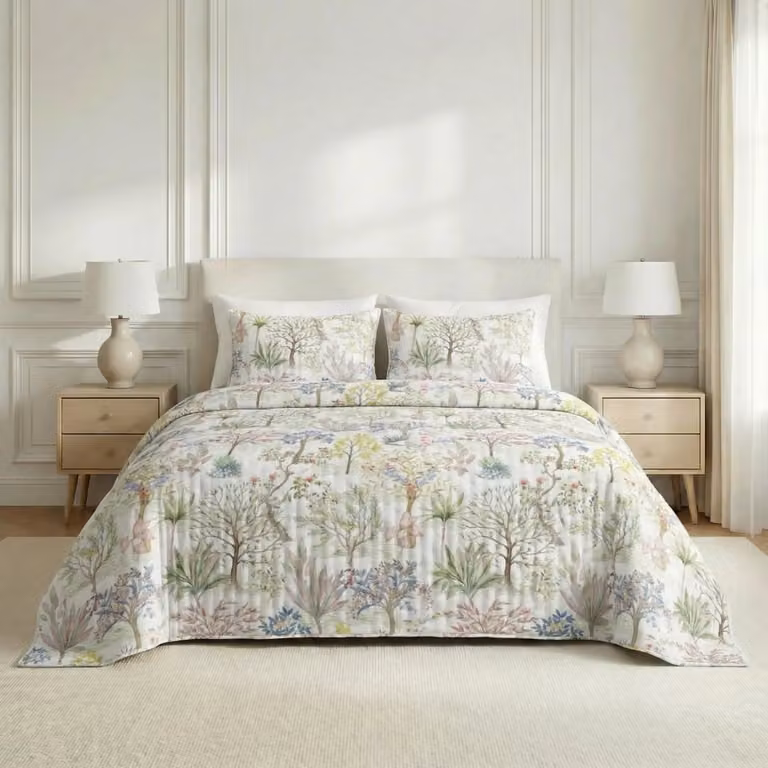 Colcha acolchada con estampado floral multicolor y terracota para cama de 180 x 270 cm