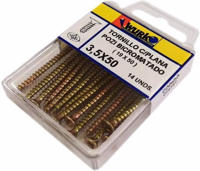 Tornillo Pozi de cabeza plana Wurko bicromatado color oro 3,5 x 50 mm (Blister de 14 unidades)