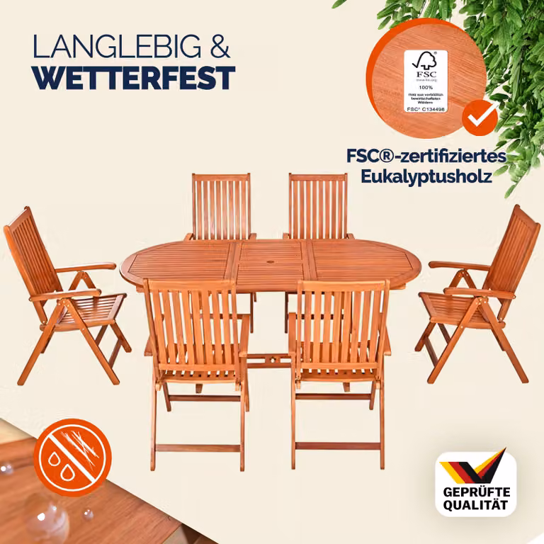 Conjunto de muebles de jardín Casaria Vanamo de 7 piezas en madera de teca tratada y aceitada color marrón con mesa extensible de estilo escandinavo