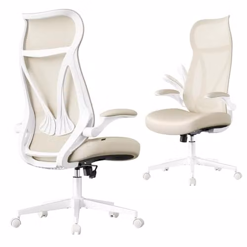 Silla de escritorio ergonómica SONGMICS con reposacabezas, giratoria y con reposabrazos en color beige