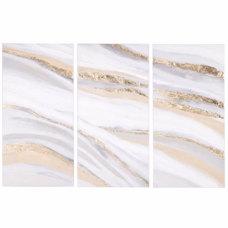 Cuadro tríptico abstracto moderno de Maisons du Monde en colores oro, beige, blanco y gris, An/Al: 120 x 80 cm