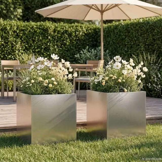 Set de 2 maceteros para jardín Maison Exclusive, color plateado, An/P/Al: 45 x 45 x 45 cm