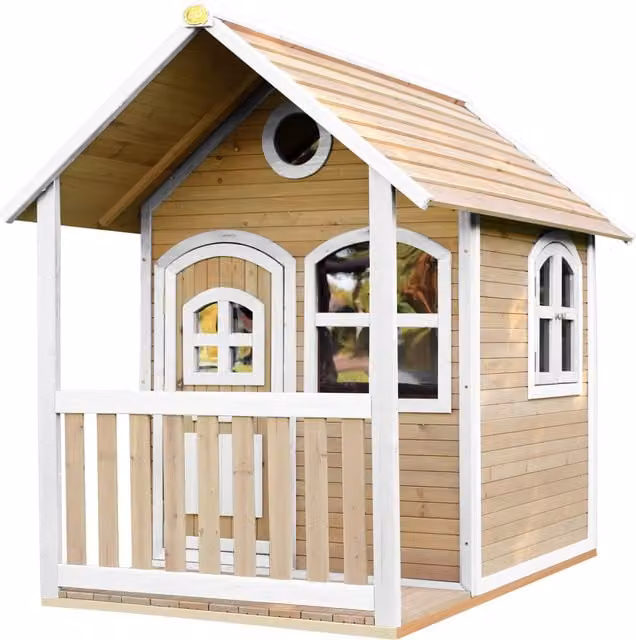 Casita de juegos de madera AXI para niños con porche y ventanas, color marrón y blanco, An/P/Al: 191 x 137 x 178 cm