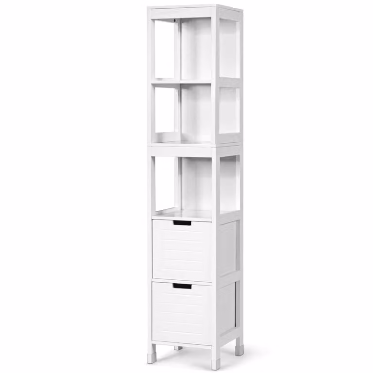Armario de baño de suelo Costway con 2 cajones y estantes, mueble organizador multifuncional para baño o cocina, An/P/Al: 30,5 x 30,5 x 144 cm, Blanco