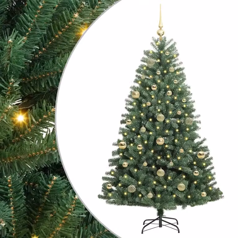 Árbol de Navidad artificial vidaXL con ramas articuladas y luces LED de color blanco cálido, Verde, Altura: 150 cm