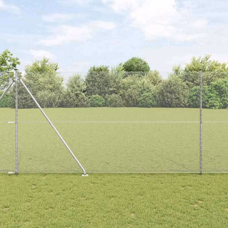 Valla hexagonal Syfax de acero galvanizado plateado con poste redondo y funda de tierra de 25 x 1,5 m