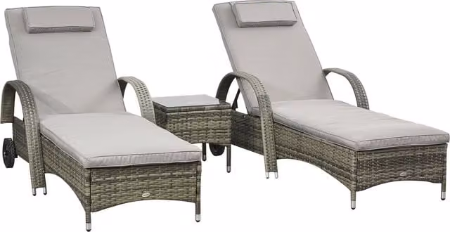 Conjunto de 2 tumbonas Outsunny de polirrattan gris con reposacabezas ajustable, apoyabrazos y ruedas para jardín