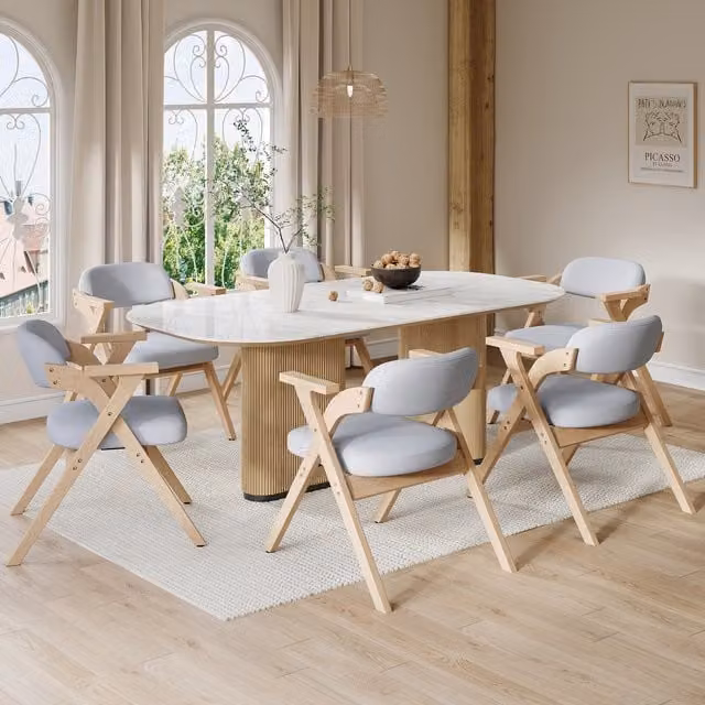 Juego de 6 sillas plegables MODFU con reposabrazos, estructura de madera maciza y asiento de lino en color gris