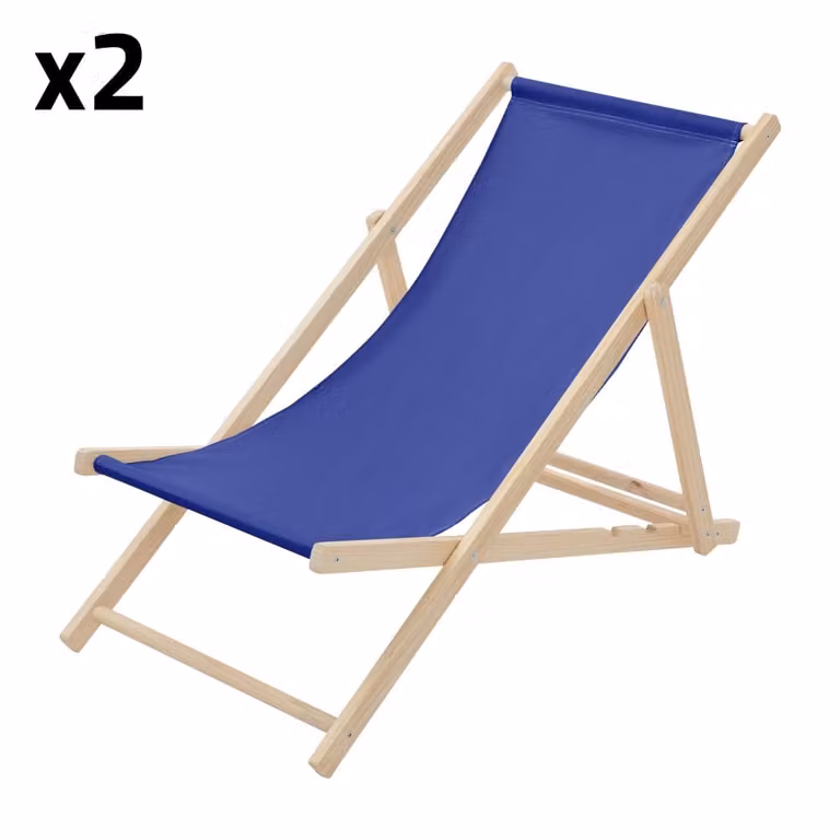 Pack de 2 sillas de playa ECD Germany en azul oscuro con estructura de madera de pino y tejido Oxford resistente a los rayos UV con reposacabezas ajustable y capacidad de carga de 120 kg
