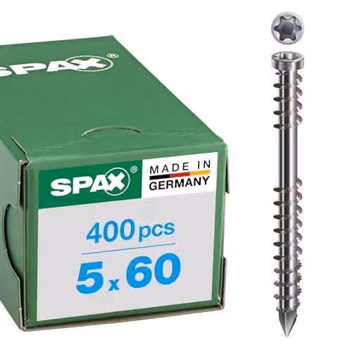 Pack de 400 tornillos autotaladrantes Spax Deck Torx de acero inoxidable A2 para tarimas de madera, color plata, 5 x 60 mm