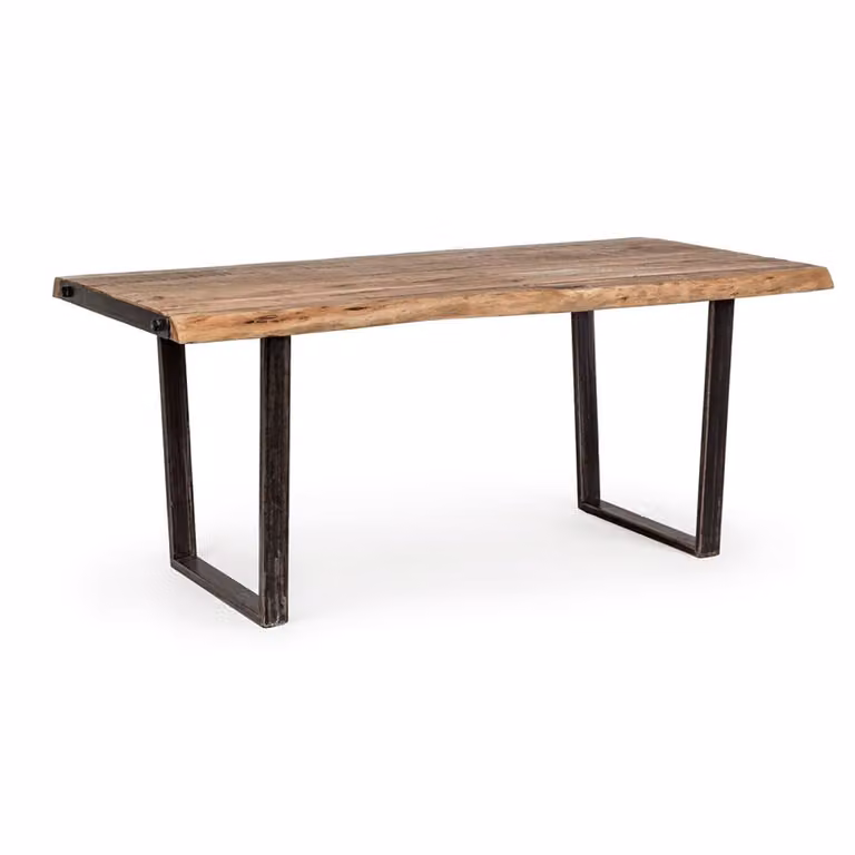 Mesa de comedor Konte.Design de madera de acacia y estilo industrial con patas de metal negro, An/P/Al: 180 x 90 x 77 cm