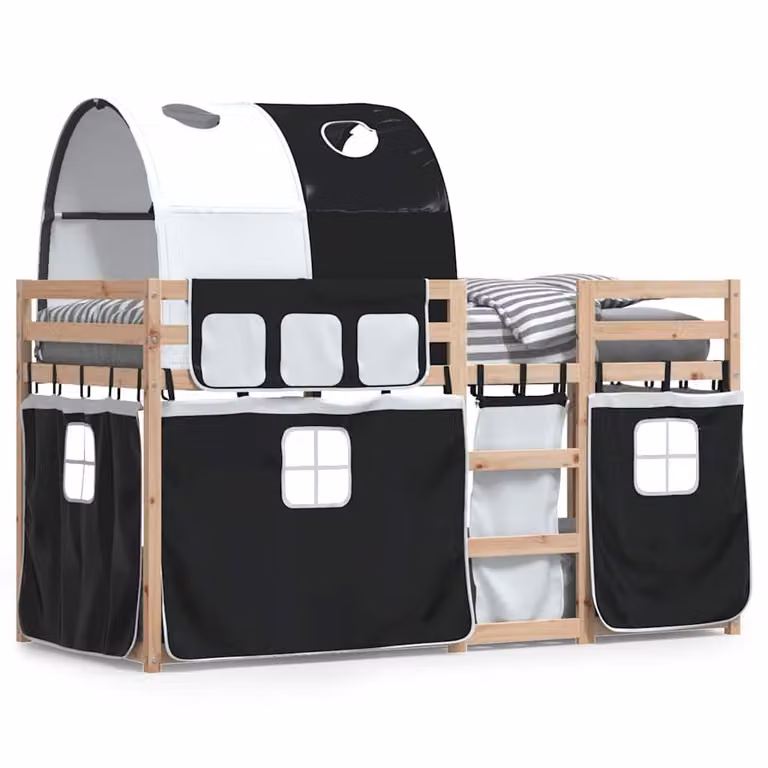 Litera de dos niveles vidaXL de madera maciza de pino con cortinas para niños en blanco y negro, 90 x 200 cm