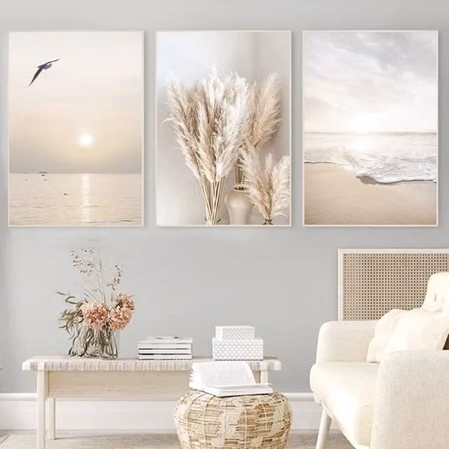 Juego de 3 pósteres de pared Elle con motivos de puesta de sol y playa en colores beige y multicolor, diseño minimalista de naturaleza, An/P: 30 x 40 cm