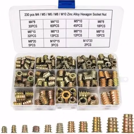 Kit de 230 tuercas hexagonales con insertos roscados de aleación de zinc ULISEM para muebles de madera, tamaños M4, M5, M6, M8 y M10
