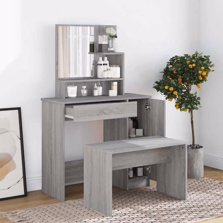 Tocador con espejo vidaXL en color gris sonoma, An/P/Al: 86,5 x 35 x 136 cm