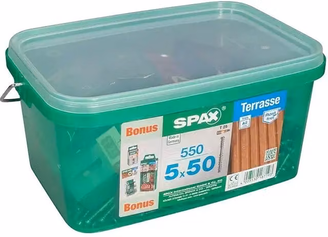 Set de 555 tornillos para terraza Spax de acero inoxidable, acabado brillante, con punta autotaladrante y cabeza Torx, Diámetro: 5 mm, Longitud: 50 mm