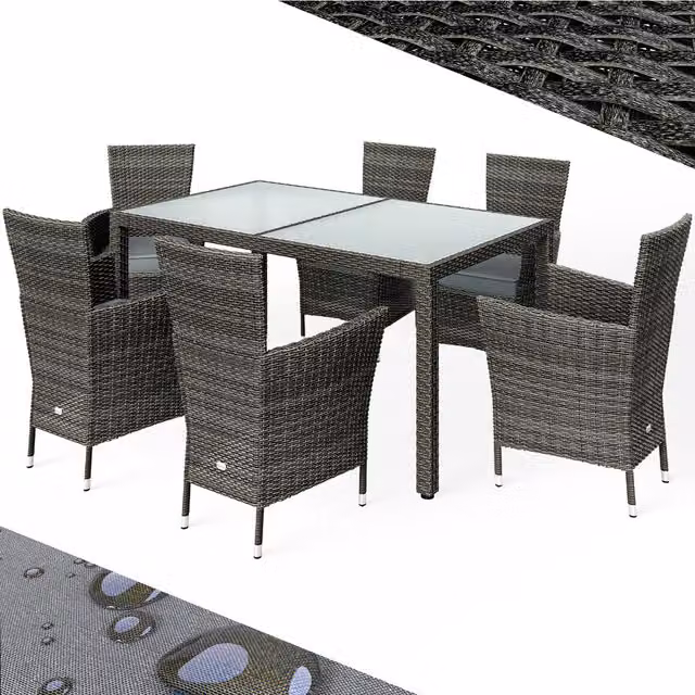 Conjunto de sofá de jardín Casaria de 7 piezas en poliratán y cristal color gris antracita