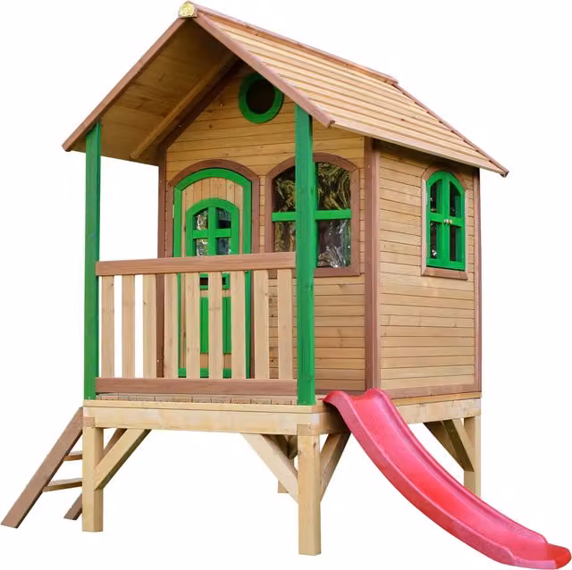 Casita de juegos Axi Tom de madera con tobogán rojo, marrón y verde, An/P/Al: 231 x 231 x 191 cm