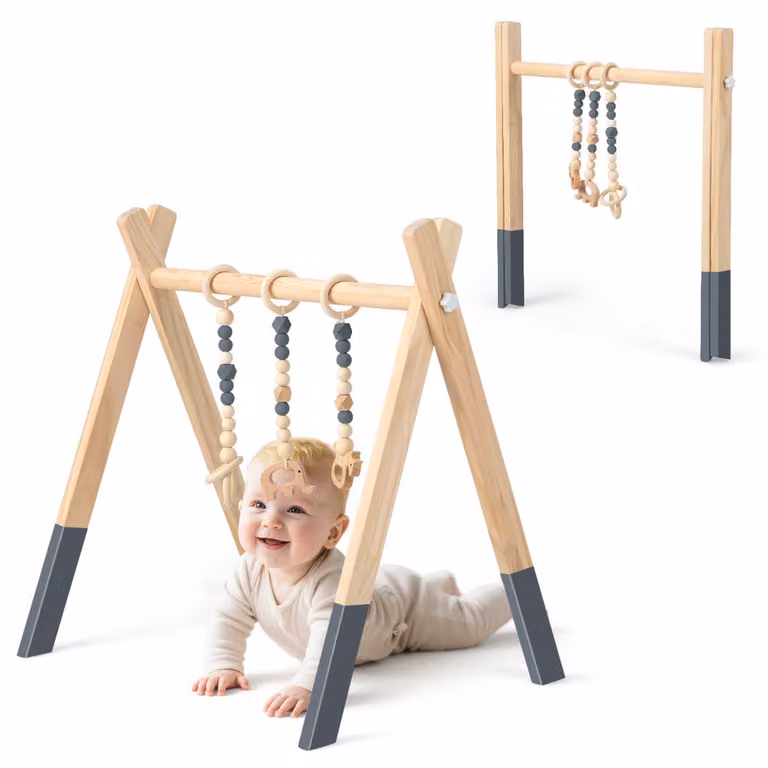 Gimnasio de madera plegable para bebés Costway con juguetes para el desarrollo sensorial y motor, color gris, An/P/Al: 66 x 40 x 60 cm