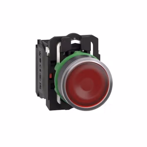 Pulsador luminoso Schneider Electric XB5AW34B5 de color rojo, montaje nivelado, 24 V, 1 NA + 1 NC, diámetro 22 mm