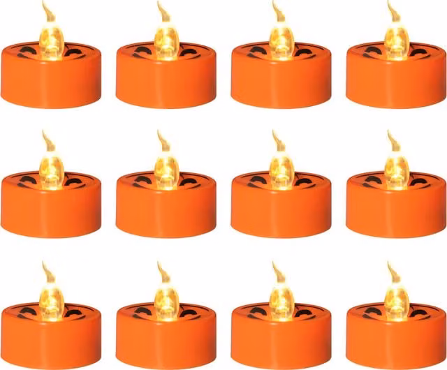 Pack de 12 velas LED de Halloween color naranja con efecto parpadeante y luz cálida, diámetro: 3,6 cm