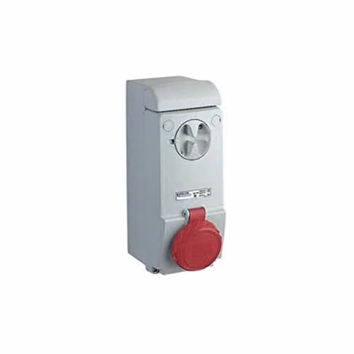 Toma de pared Schneider Electric 63A 3PE 380-415V IP65 con 5 enchufes en color blanco y gris