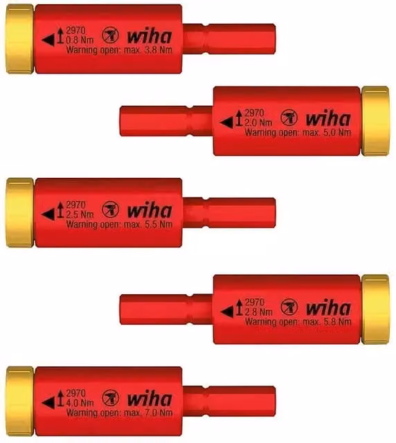 Juego de 5 adaptadores de par de apriete Wiha easyTorque electric para Slimbits y soporte Slimvario en rojo y amarillo con un momento de torsión de 0,8 Nm