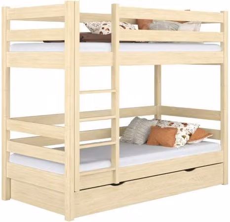 Litera de madera de pino con cajón en acabado incoloro para dormitorio