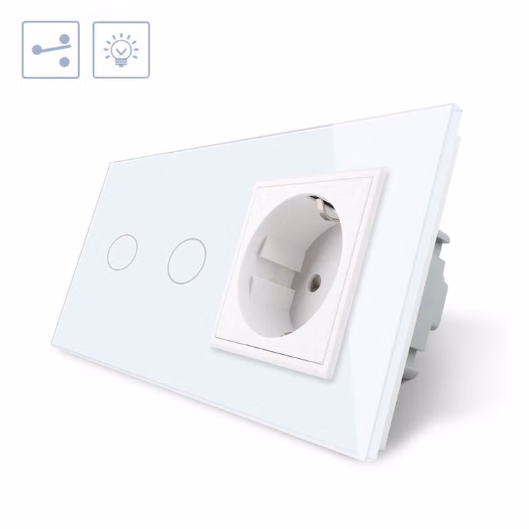 Conmutador táctil Livolo con 2 botones y 1 enchufe, frontal de cristal blanco y diseño minimalista empotrable con conexión wifi