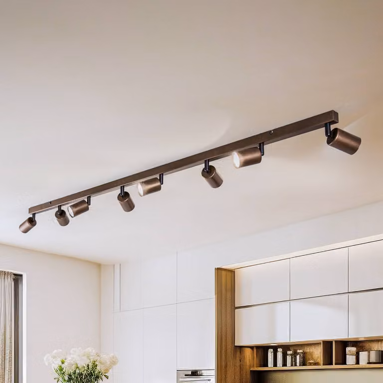 Plafón downlight Top de TK Lighting en color marrón, con 8 luces lineales, regulable y de diseño moderno para salón o comedor