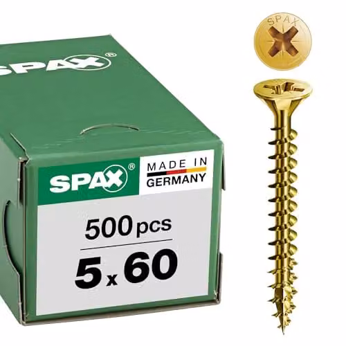 Pack de 500 tornillos para madera Spax Pozidriv de acero galvanizado en color dorado, con cabeza plana y dimensiones de Diámetro: 5 mm, Longitud: 60 mm