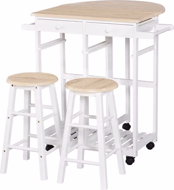 Conjunto de mesa de bar HOMCOM plegable con ruedas, estante, 2 cajones y 2 taburetes en madera de pino y MDF, color blanco roble claro
