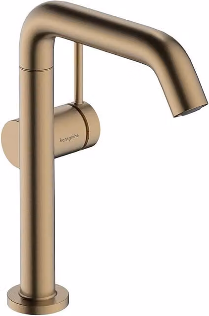 Grifo monomando alto para lavabo Hansgrohe Tecturis S Fine 210 con caño giratorio, vaciador y tecnología SmartCool en acabado bronce o dorado