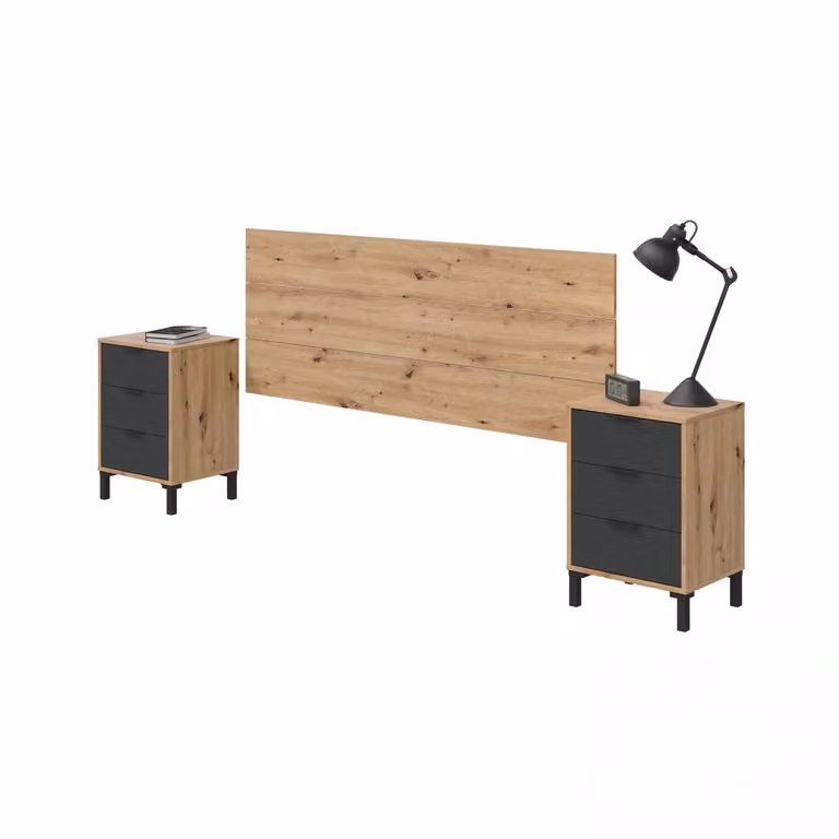 Cabecero Luke de DUEHOME con mesitas integradas y cajones en gris antracita y roble nodi, An/P/Al: 160 x 60 x 3 cm