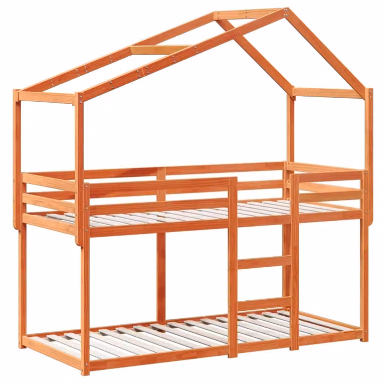 Cama litera con estructura de casa para niños vidaXL de madera maciza de pino en color marrón de 80 x 200 cm