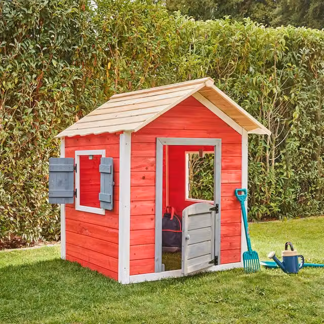 Casa de juegos Das Kleine Schloss de Home Deluxe en madera con tobogán y caja de arena, color rojo, An/P/Al: 106 x 111 x 128 cm
