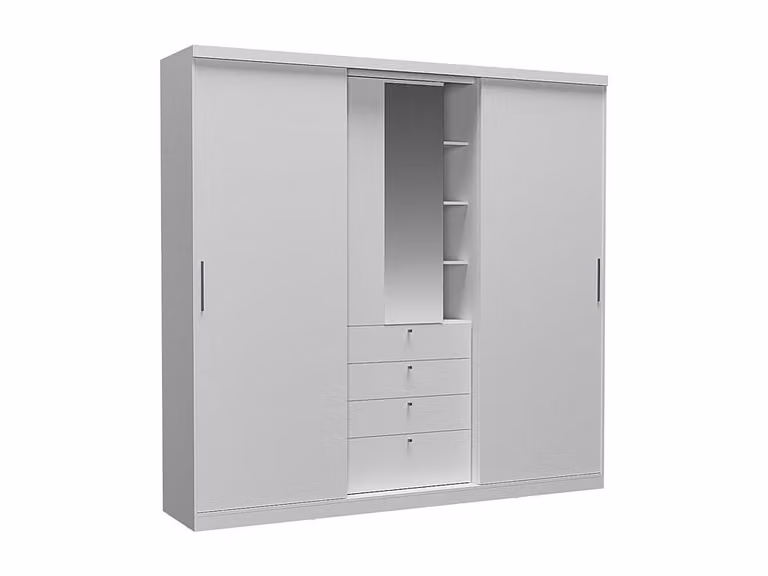 Armario Bodil de 2 puertas correderas con espejo, cajones y luz LED en color blanco, An/P/Al: 240 x 53 x 231 cm