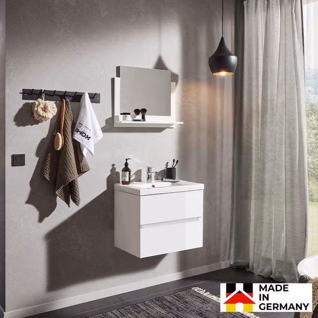 Conjunto de muebles de baño Home Deluxe WANGEROOGE DELUXE M con mueble lavabo y armario de espejo en color blanco brillante y diseño moderno con puertas de cierre suave