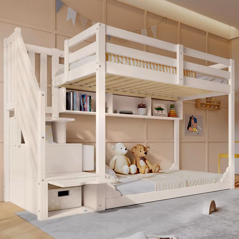 Cama infantil MODFU de madera con escalera-armario y compartimentos de almacenamiento, estructura juvenil con barandilla de protección, color blanco, An/P/Al: 90 x 200 x 145 cm