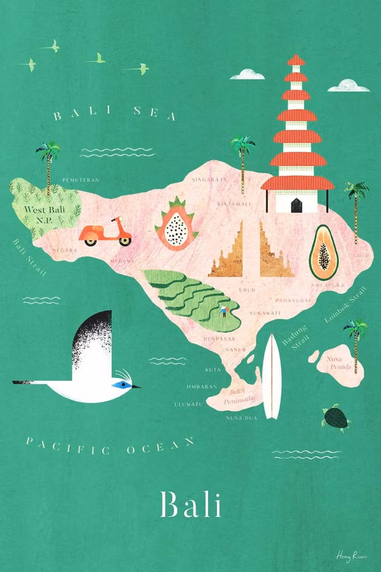 Cuadro Mapa de Bali Hexoa con impresión sobre lienzo en colores rosa, naranja y verde, An: 60 cm, Al: 90 cm