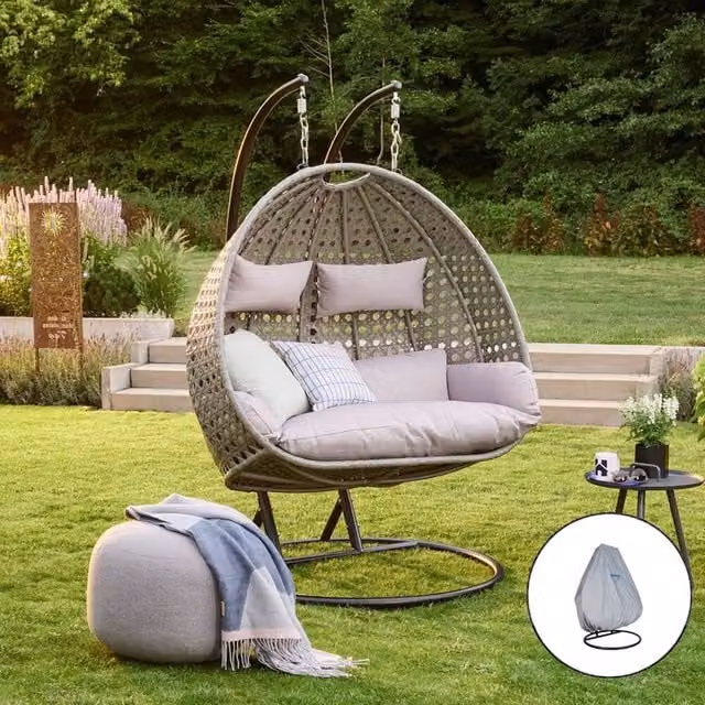 Silla colgante Home Deluxe TWIN de poliratán para 2 personas con cojines y funda de lluvia, color gris, An/P/Al: 120 x 120 x 195 cm