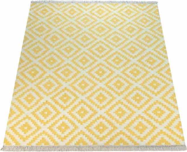 Alfombra Kenolia de lana y algodón en amarillo y blanco, estilo marroquí y escandinavo, An: 120 cm, Al: 170 cm