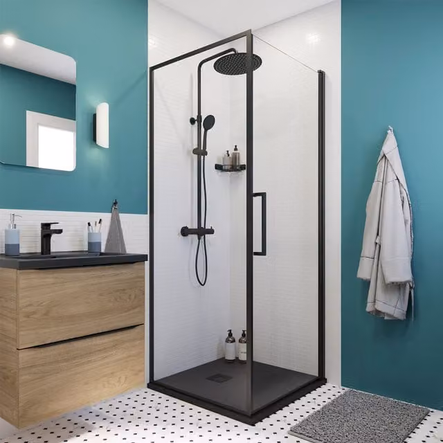 Mampara de ducha fija Elna de cristal transparente y perfil negro de 70 cm con acabado easy clean y diseño rectangular